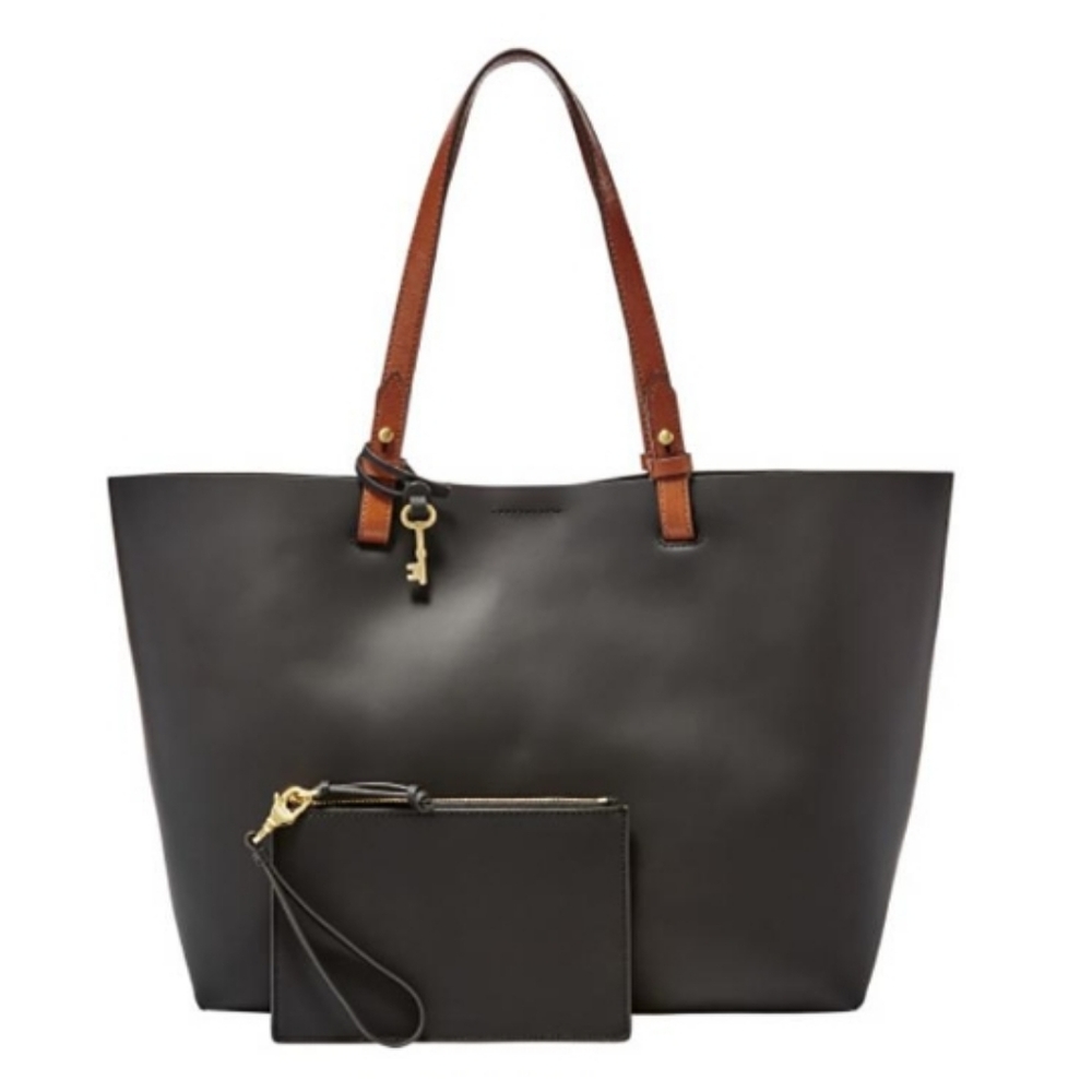 Fossil Black Tote with Brown Handles and Gold Hardware